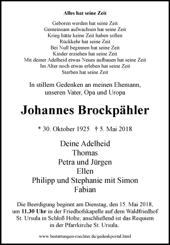 Traueranzeige von Johannes Brockpähler von Westfalen-Blatt