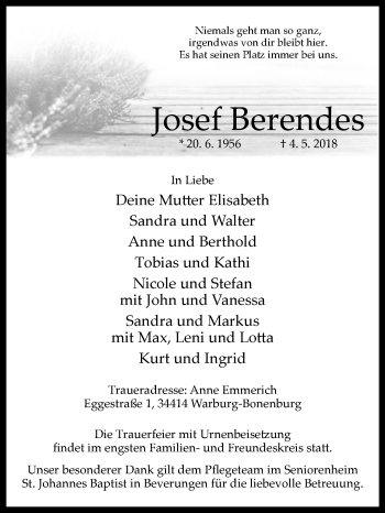 Traueranzeige von Josef Berendes von Westfalen-Blatt