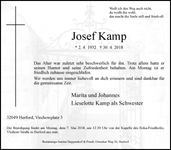 Traueranzeige von Josef Kamp von Westfalen-Blatt
