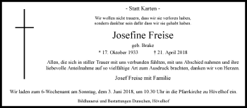Traueranzeige von Josefine Freise von Westfalen-Blatt