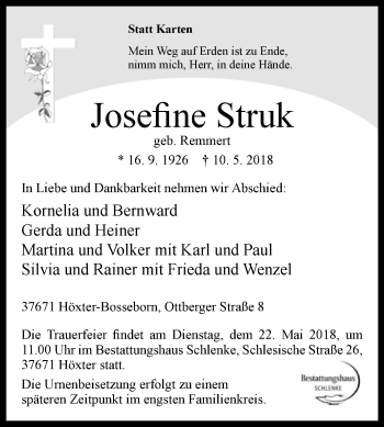 Traueranzeige von Josefine Struk von Westfalen-Blatt