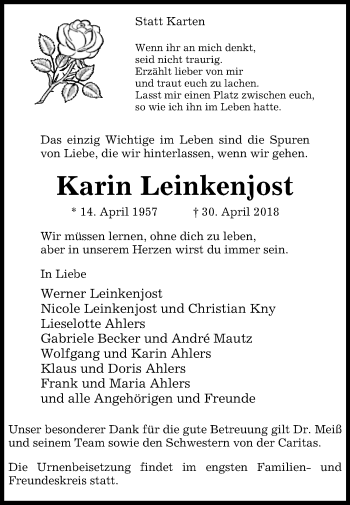 Traueranzeige von Karin Leinkenjost von Westfalen-Blatt