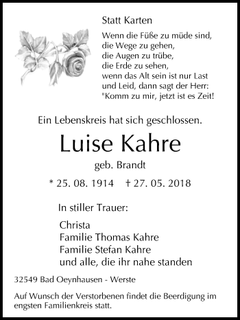 Traueranzeige von Luise Kahre von Westfalen-Blatt