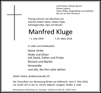 Traueranzeige von Manfred Kluge von Westfalen-Blatt