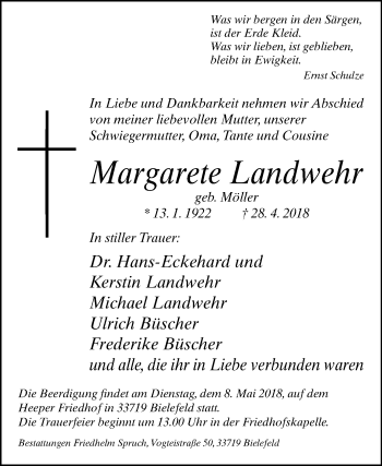 Traueranzeige von Margarete Landwehr von Westfalen-Blatt