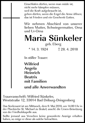 Traueranzeige von Maria Sünkeler von Westfalen-Blatt