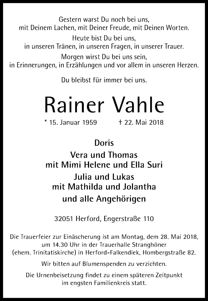  Traueranzeige für Rainer Vahle vom 24.05.2018 aus Westfalen-Blatt