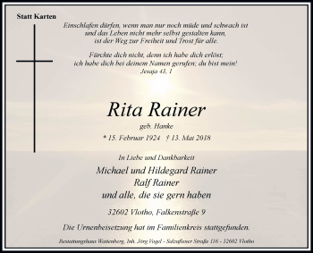 Traueranzeige von Rita Rainer von Westfalen-Blatt