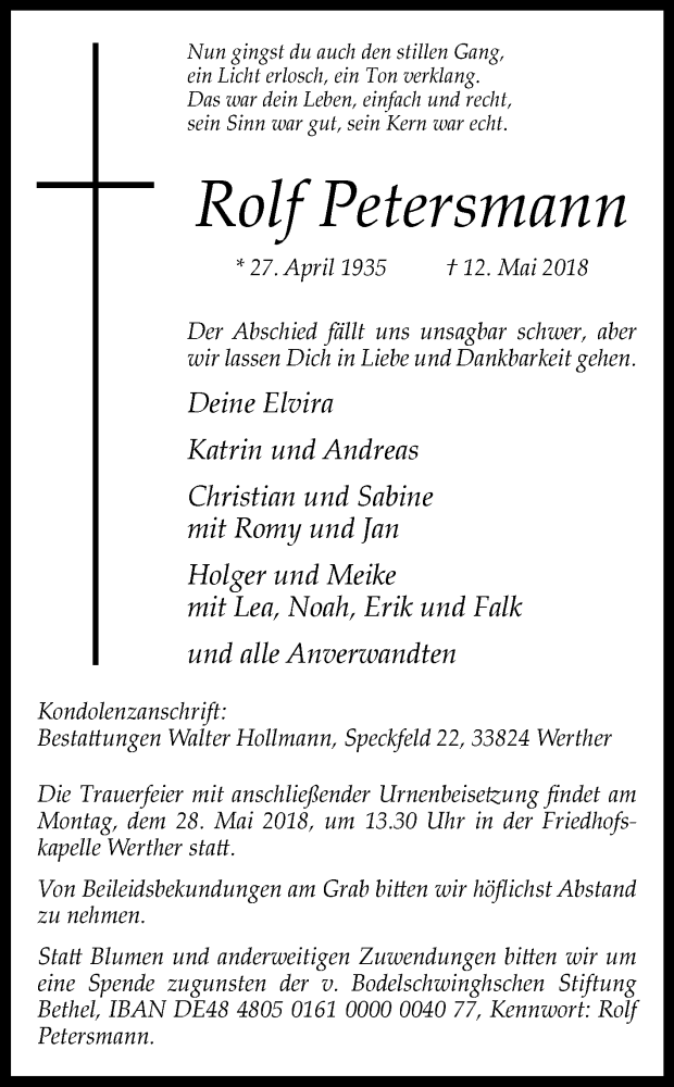  Traueranzeige für Rolf Petersmann vom 19.05.2018 aus Westfalen-Blatt