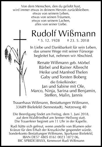 Traueranzeige von Rudolf Wißmann von Westfalen-Blatt