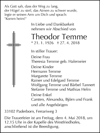 Traueranzeige von Theodor Temme von Westfalen-Blatt