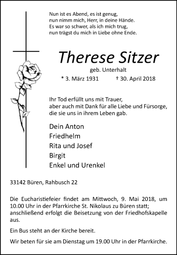 Traueranzeige von Therese Sitzer von Westfalen-Blatt