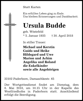 Traueranzeige von Ursula Budde von Westfalen-Blatt