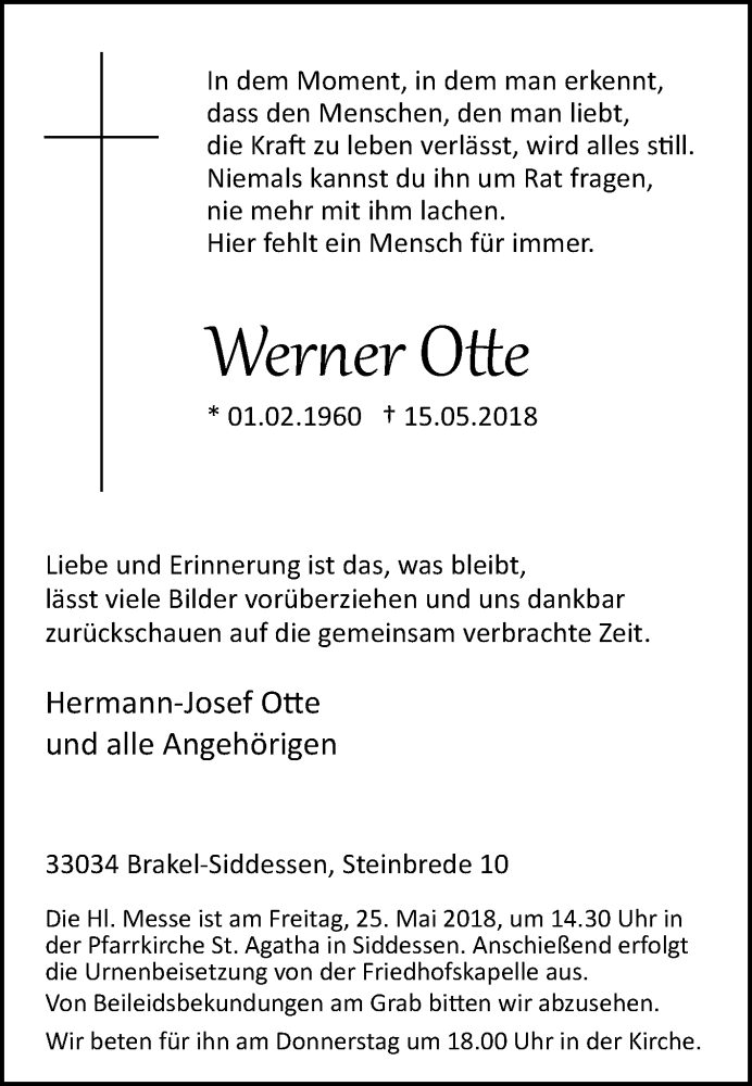  Traueranzeige für Werner Otte vom 19.05.2018 aus Westfalen-Blatt