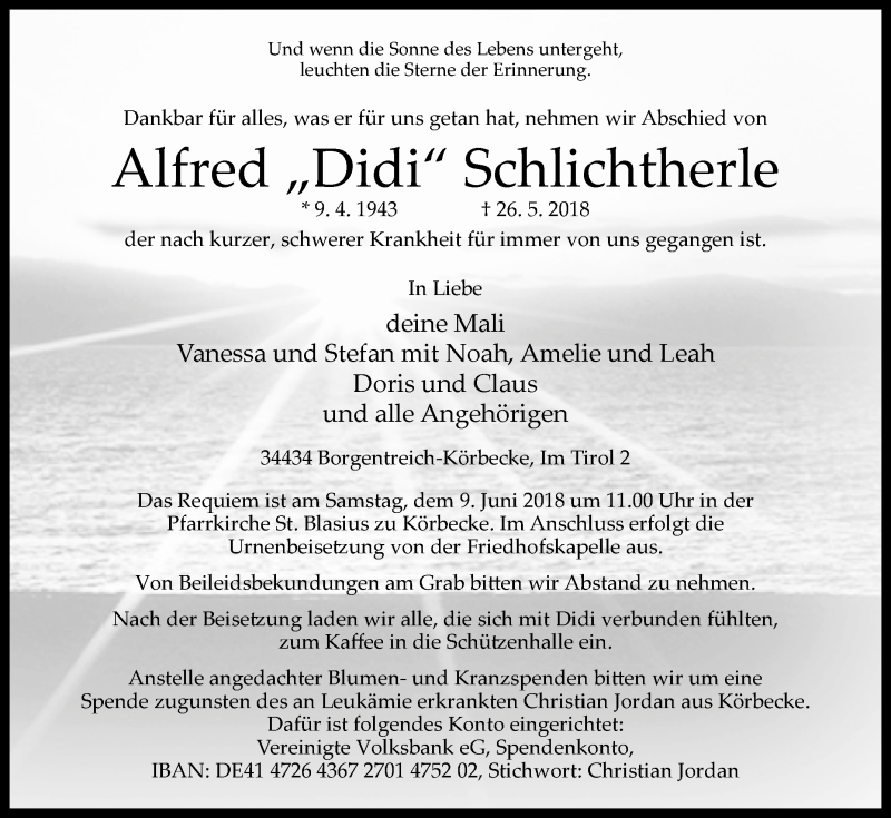  Traueranzeige für Alfred Schlichtherle vom 05.06.2018 aus Westfalen-Blatt