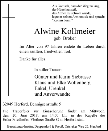 Traueranzeige von Alwine Kollmeier von Westfalen-Blatt