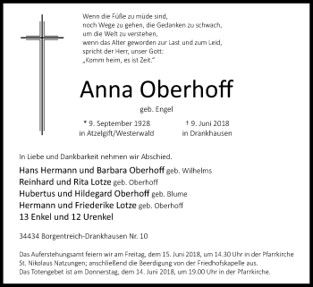 Traueranzeige von Anna Oberhoff von Westfalen-Blatt