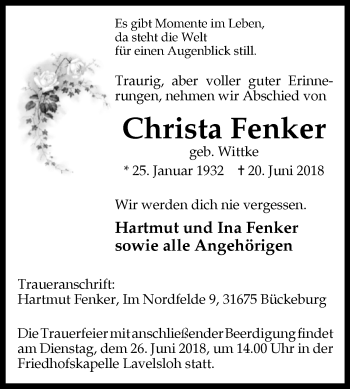 Traueranzeige von Christa Fenker von Westfalen-Blatt