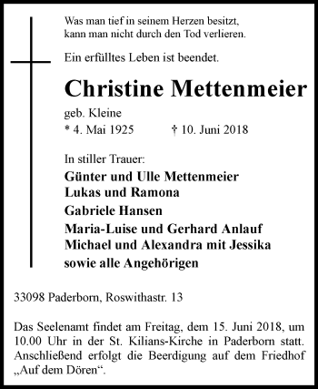 Traueranzeige von Christine Mettenmeier von Westfalen-Blatt
