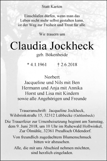 Traueranzeige von Claudia Jockheck von Westfalen-Blatt