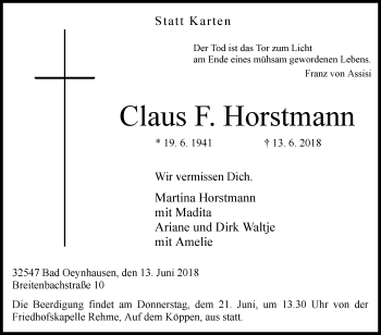 Traueranzeige von Claus F. Horstmann von Westfalen-Blatt