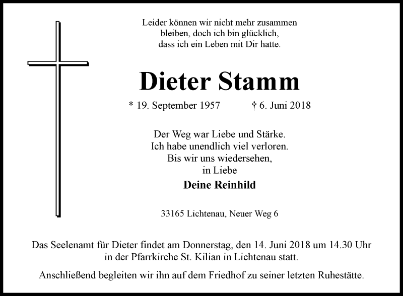  Traueranzeige für Dieter Stamm vom 09.06.2018 aus Westfalen-Blatt