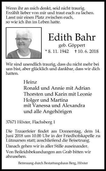 Traueranzeige von Edith Bahr von Westfalen-Blatt