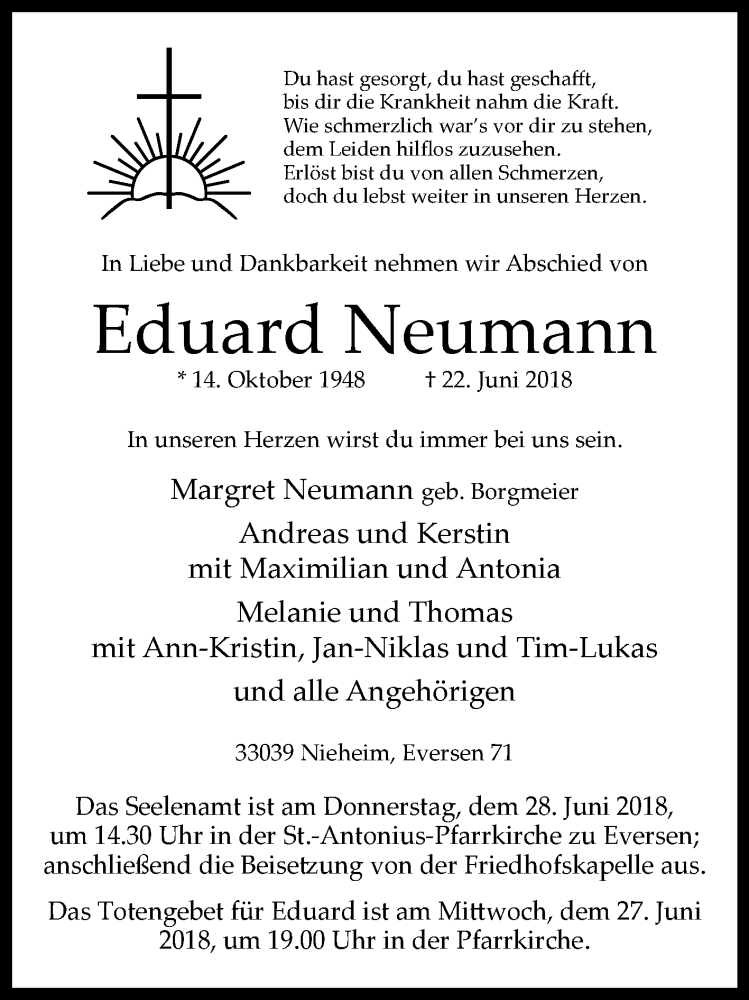  Traueranzeige für Eduard Neumann vom 23.06.2018 aus Westfalen-Blatt