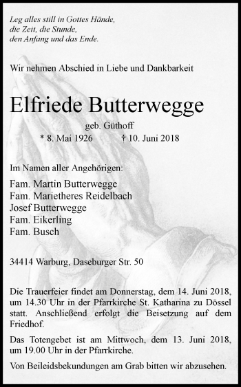 Traueranzeige von Elfriede Butterwegge von Westfalen-Blatt
