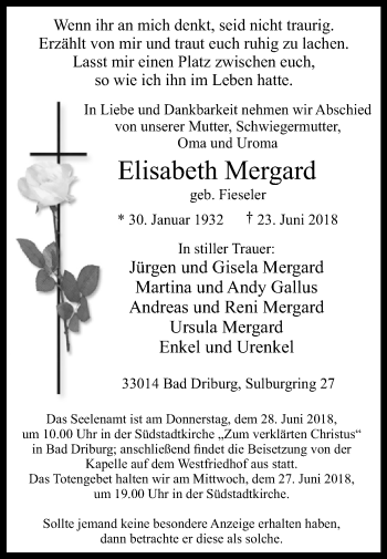 Traueranzeige von Elisabeth Mergard von Westfalen-Blatt