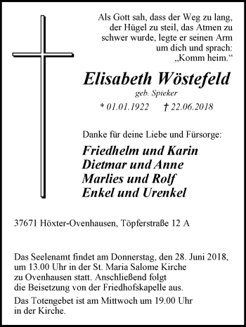 Traueranzeige von Elisabeth Wöstefeld von Westfalen-Blatt