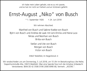 Traueranzeige von Ernst-August von Busch von Westfalen-Blatt