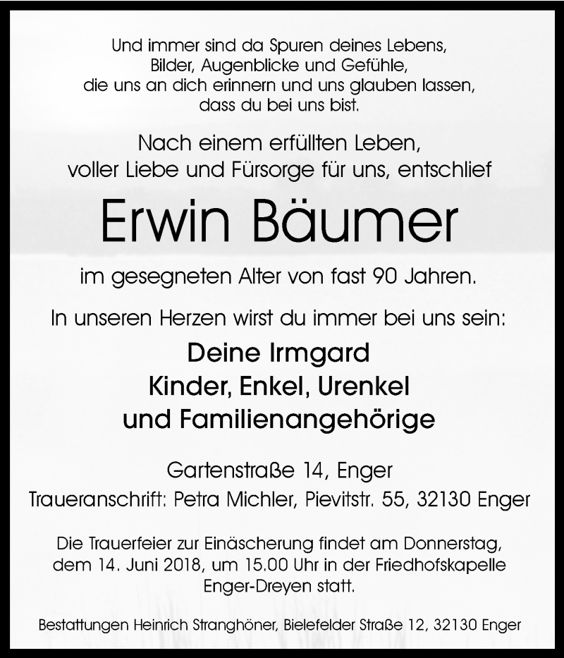  Traueranzeige für Erwin Bäumer vom 12.06.2018 aus Westfalen-Blatt