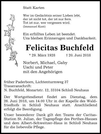 Traueranzeige von Felicitas Buchfeld von Westfalen-Blatt