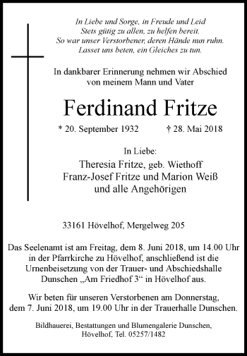 Traueranzeige von Ferdinand Fritze von Westfalen-Blatt
