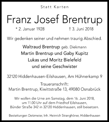Traueranzeige von Franz Josef Brentrup von Westfalen-Blatt