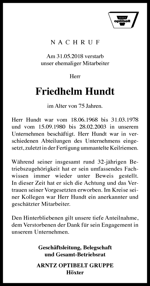  Traueranzeige für Friedhelm Hundt vom 12.06.2018 aus Westfalen-Blatt