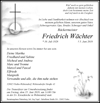 Traueranzeige von Friedrich Wächter von Westfalen-Blatt