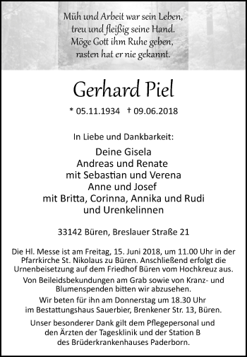 Traueranzeige von Gerhard Piel von Westfalen-Blatt
