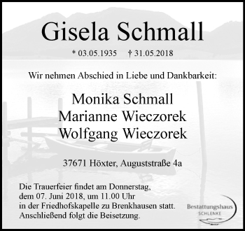 Traueranzeige von Gisela Schmall von Westfalen-Blatt