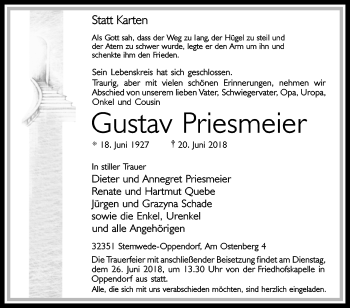 Traueranzeige von Gustav Priesmeier von Westfalen-Blatt