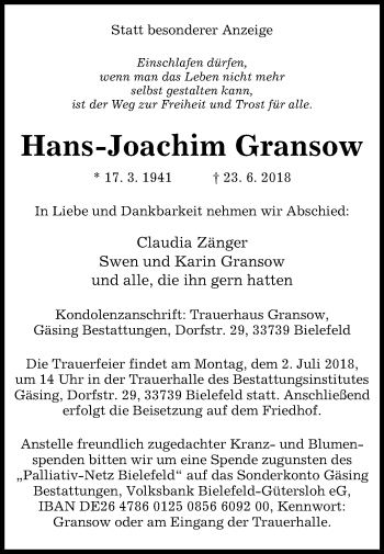 Traueranzeige von Hans-Joachim Gransow von Westfalen-Blatt