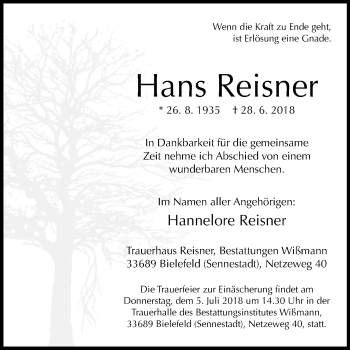 Traueranzeige von Hans Reisner von Westfalen-Blatt
