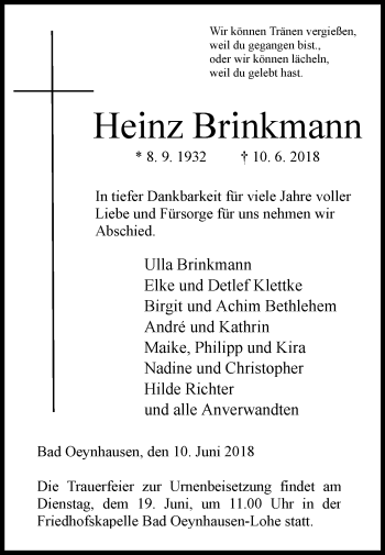 Traueranzeige von Heinz Brinkmann von Westfalen-Blatt