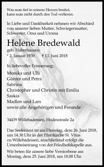 Traueranzeige von Helene Bredewald von Westfalen-Blatt