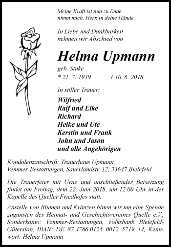 Traueranzeige von Helma Upmann von Westfalen-Blatt