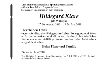 Traueranzeige von Hildegard Klare von Westfalen-Blatt