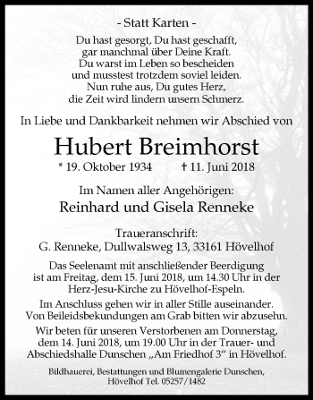 Traueranzeige von Hubert Breimhorst von Westfalen-Blatt