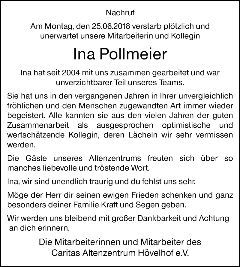  Traueranzeige für Ina Pollmeier vom 30.06.2018 aus Westfalen-Blatt