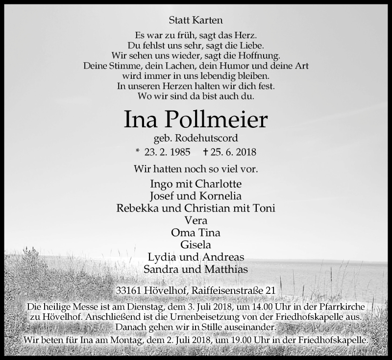  Traueranzeige für Ina Pollmeier vom 28.06.2018 aus Westfalen-Blatt